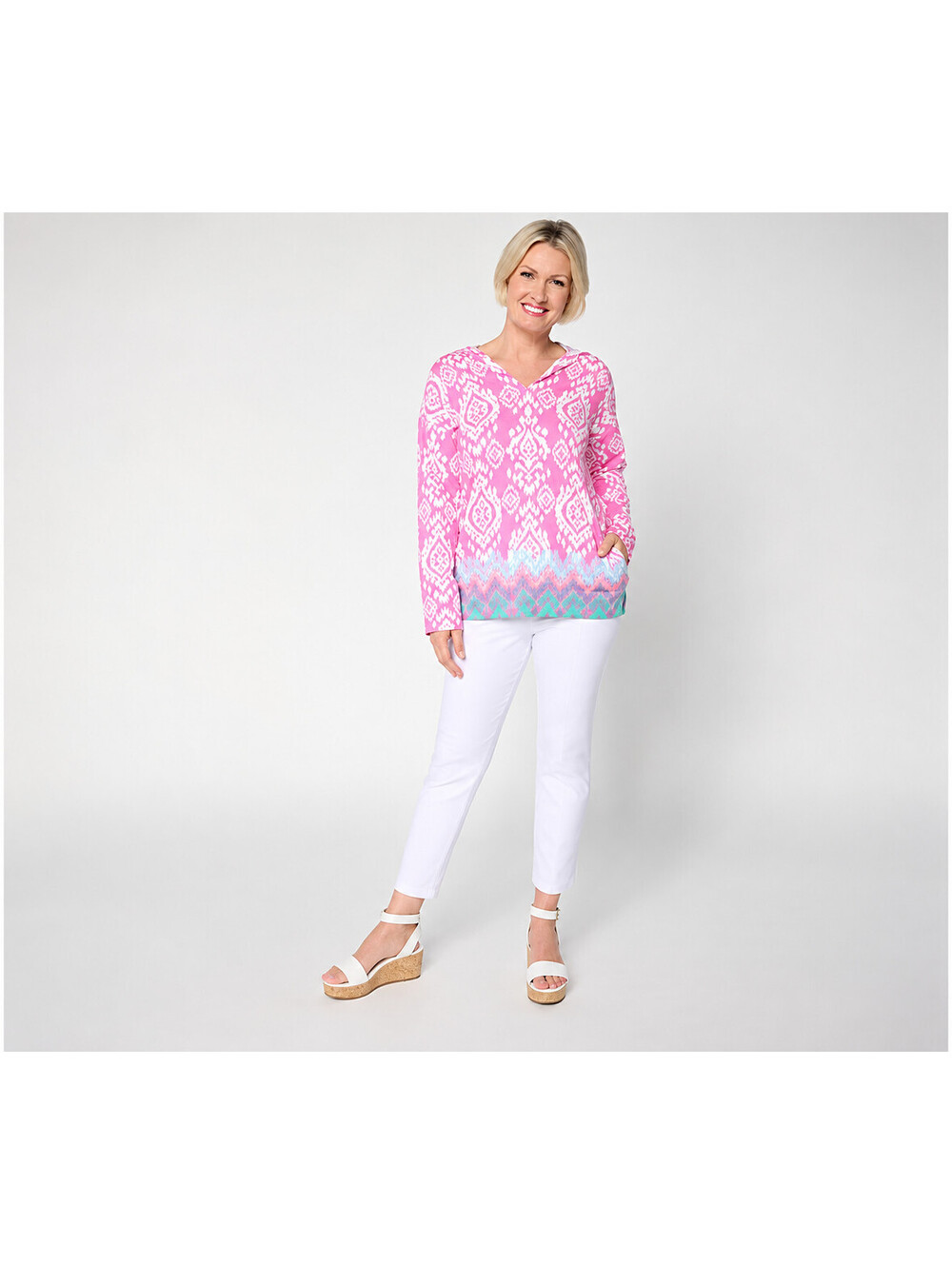 Belle Beach by Kim Gravel Slub Knit Ocean Ikat Border Print Hoodie Preppy Pink,S